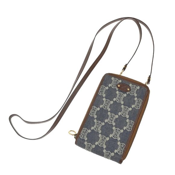 CELINE Macadam Pattern Shoulder Wallet Multi Case Denim Leather Blue 36KB164 - Picture 1 of 16
